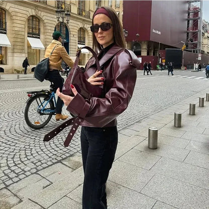 XAYWEAR burgundy women jacket leather cropped biker jacket with matching bag headband and sunglasses in city