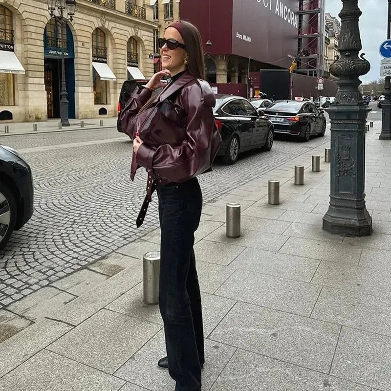 XAYWEAR burgundy women jacket leather styled on woman with sunglasses and headband on Paris street