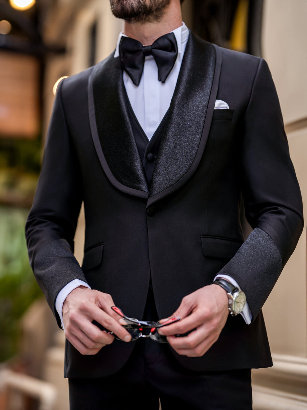 XAYWEAR elegant black three piece suit for men with satin lapel and bow tie