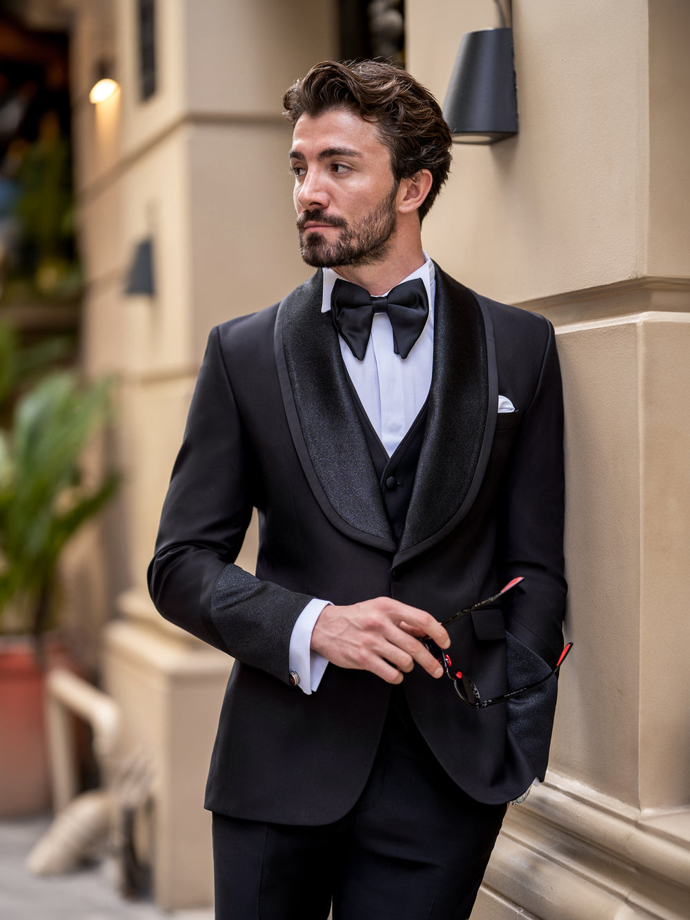 XAYWEAR elegant black three piece suit for men with shawl lapel and bow tie