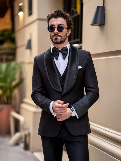 XAYWEAR black three piece suit for men with satin shawl lapel and bow tie elegant formalwear