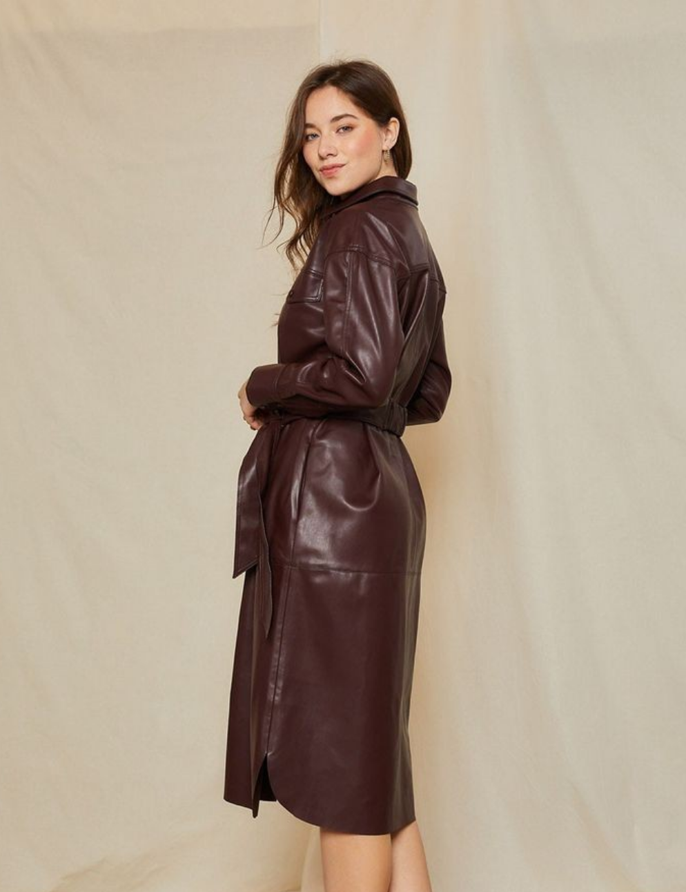 XAYWEAR luxury leather shirt dress in deep burgundy with a belted waist and side slits