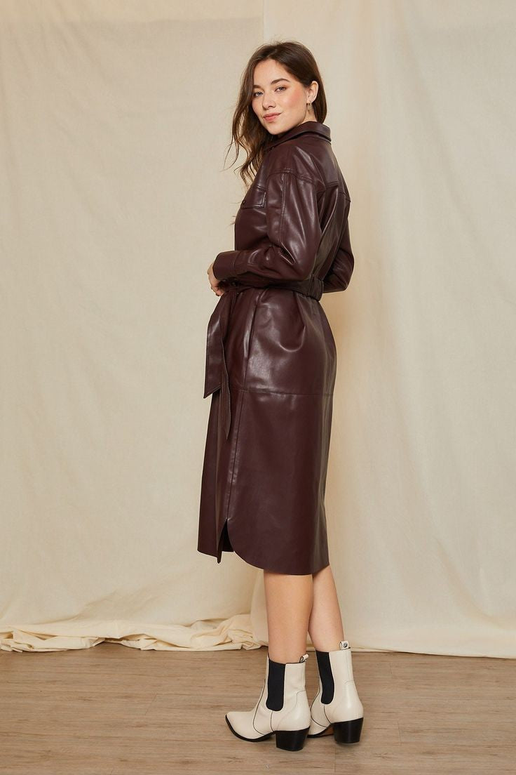 Elegant luxury leather shirt dress in deep brown with stylish belt and back view for a chic look