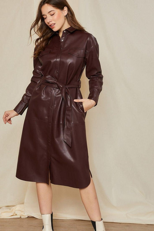 XAYWEAR luxury leather shirt dress in burgundy with a tied waist and buttoned front