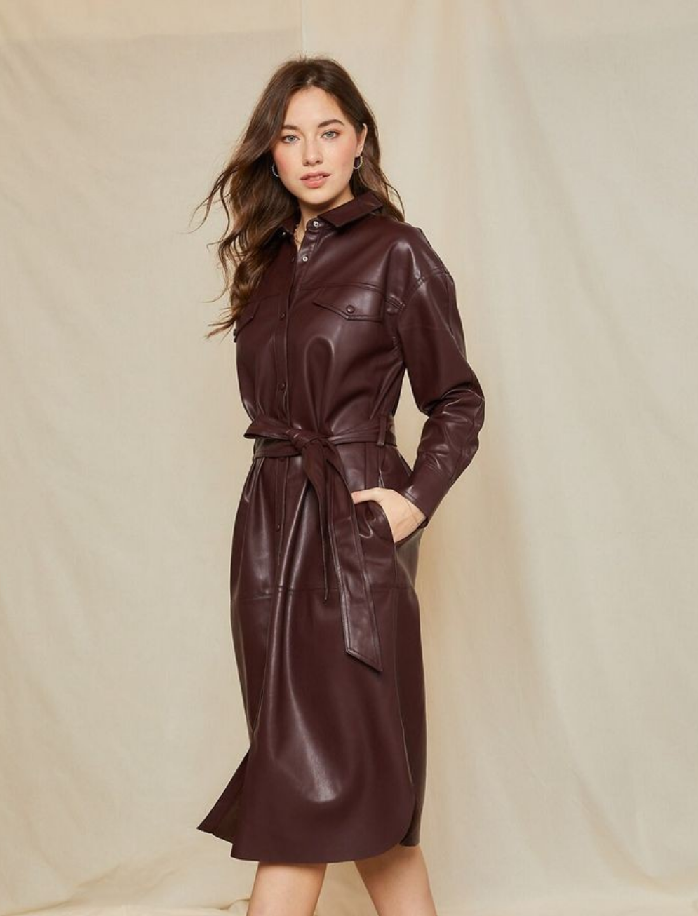 XAYWEAR luxury leather shirt dress in deep burgundy with a belted waist and pockets