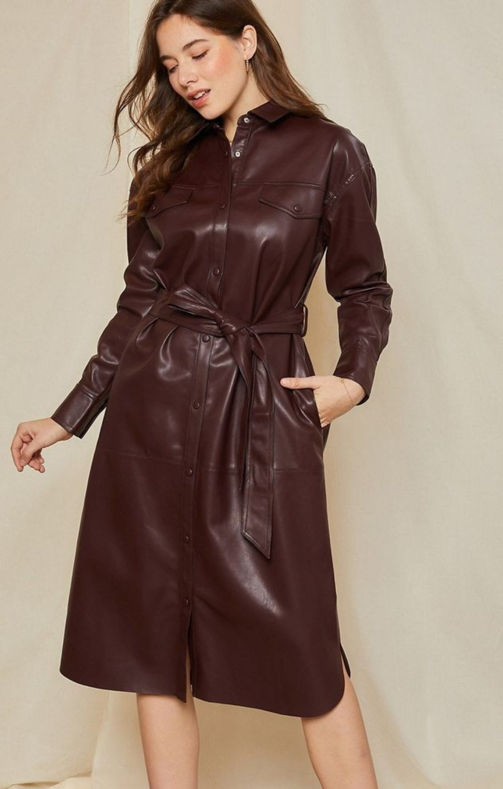 XAYWEAR luxury leather shirt dress in burgundy with tie waist and button-up front