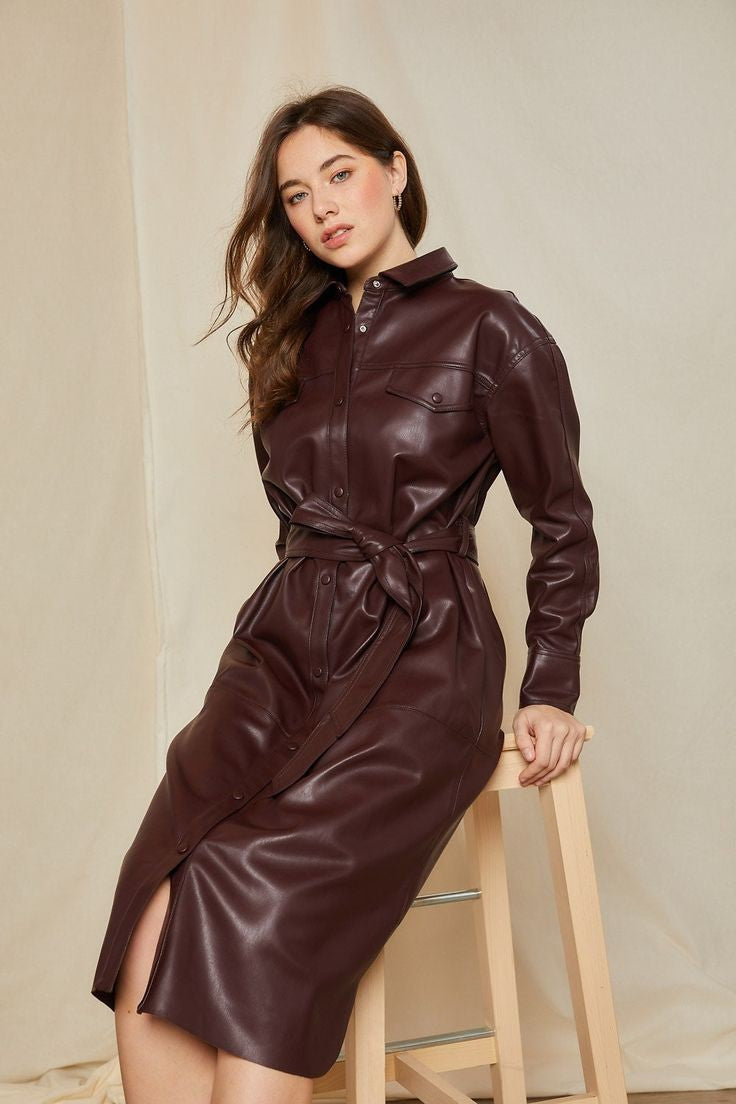 Luxury leather shirt dress in rich burgundy with a belted waist and button-down design