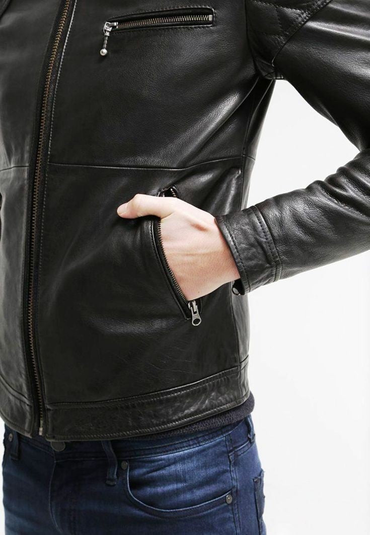 XAYWEAR men black jacket biker style with zippered pockets and smooth leather finish