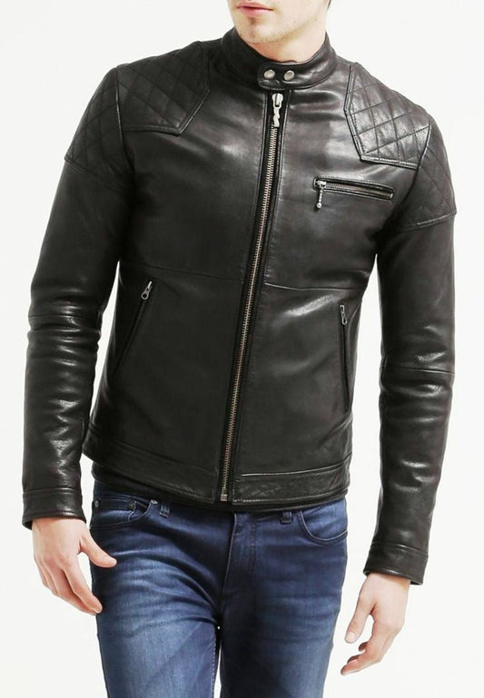 XAYWEAR men black jacket biker style with quilted shoulder design and zippered pockets
