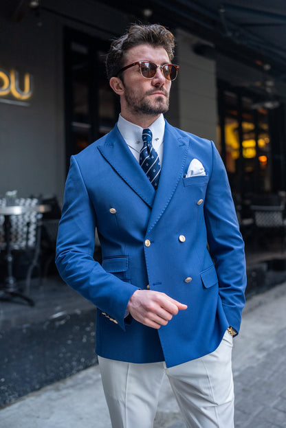XAYWEAR men blazer suit in blue with double-breasted buttons and white pocket square