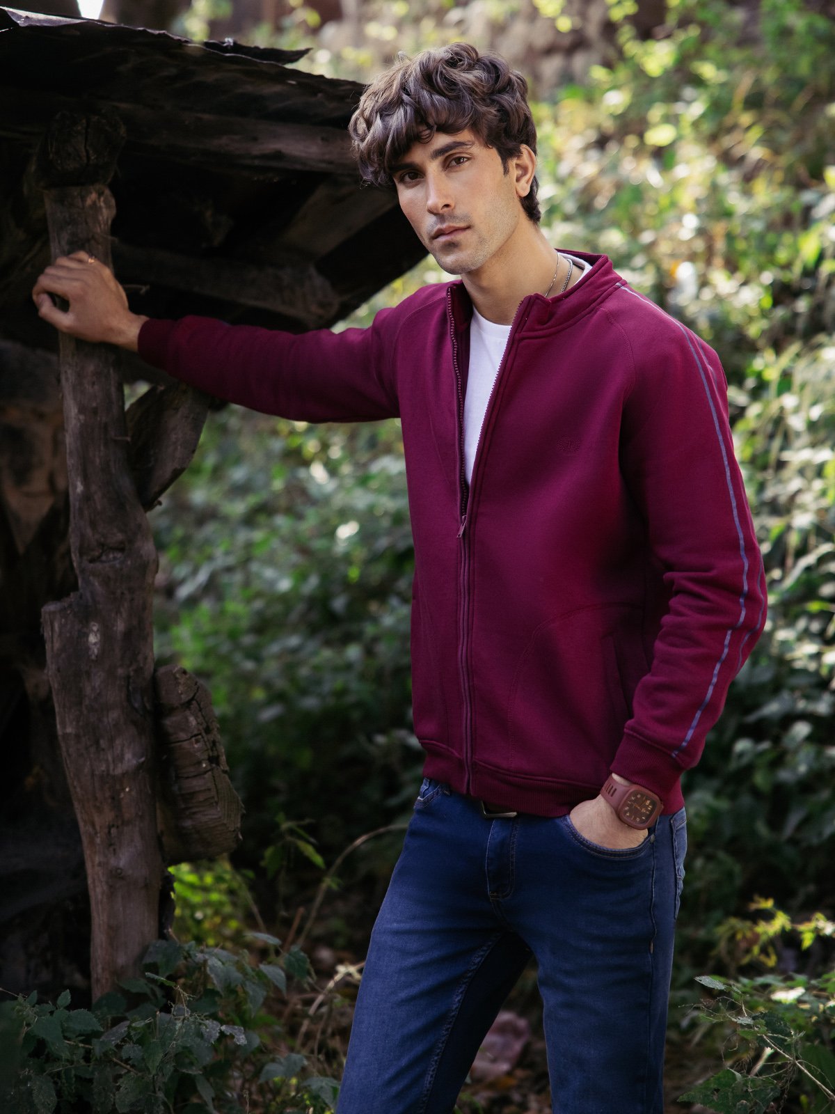 XAYWEAR men casual jacket in maroon with zipper and striped sleeves worn outdoors