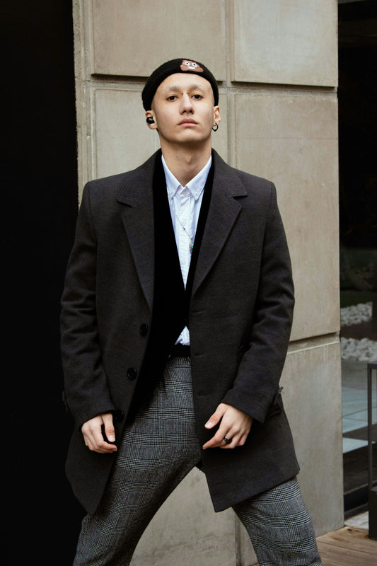 XAYWEAR stylish men coat in black worn with white shirt and plaid pants for a modern look