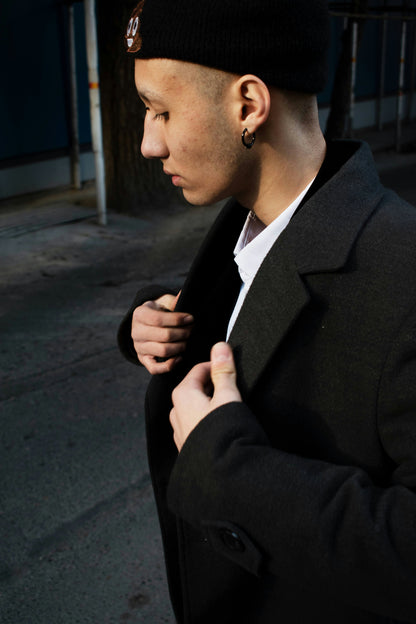 XAYWEAR men coat black stylish wool blend worn by man wearing black beanie outdoors