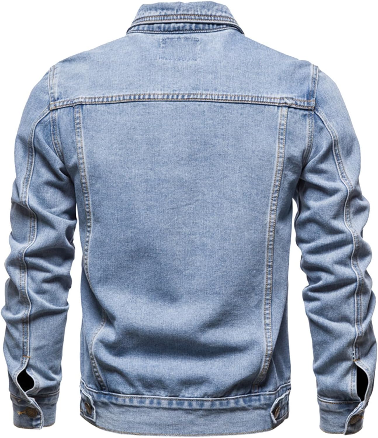 Back view of XAYWEAR men denim jacket in light blue with classic stitching and buttoned cuffs