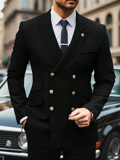 XAYWEAR men formal wear Suit in black double-breasted style with gold buttons and navy tie
