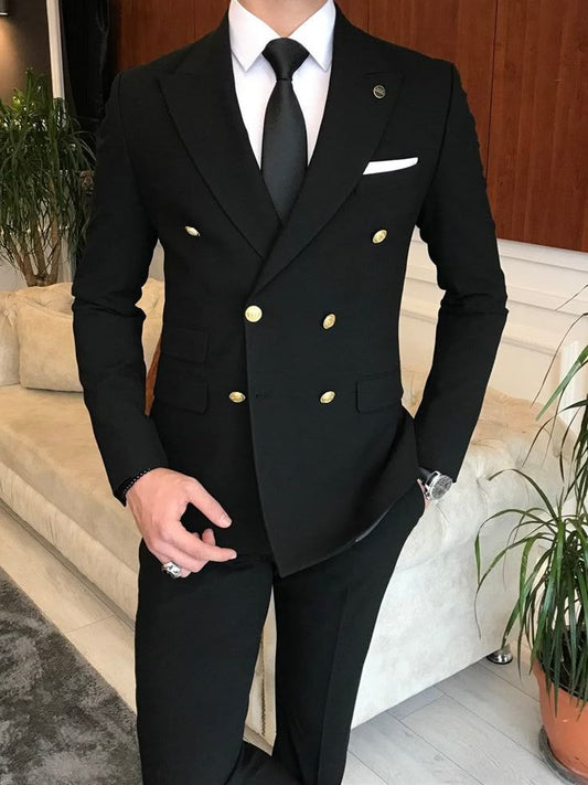 XAYWEAR black double-breasted men formal wear Suit with gold buttons and white pocket square