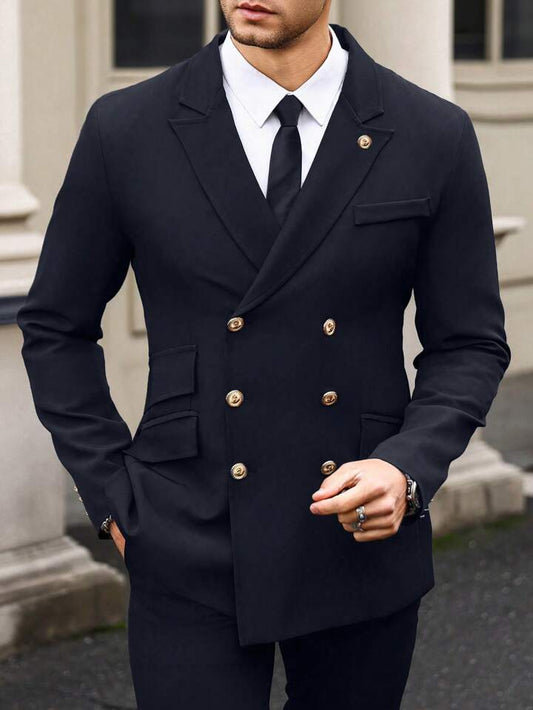 XAYWEAR men formal wear Suit black double-breasted blazer with gold buttons and white shirt with black tie