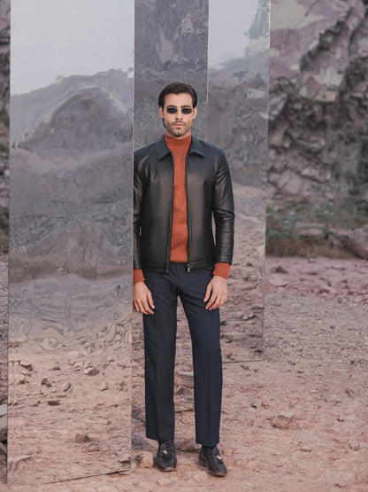 XAYWEAR men leather jacket bomber style in black worn with rust turtleneck and navy pants