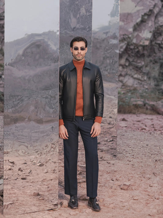 XAYWEAR men leather jacket bomber style in black worn with rust turtleneck and navy pants