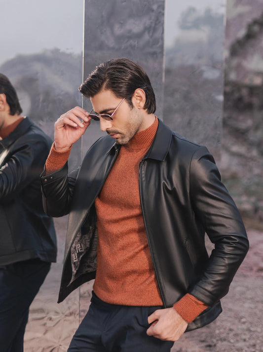 XAYWEAR men leather jacket bomber style worn with rust sweater and sunglasses outdoors