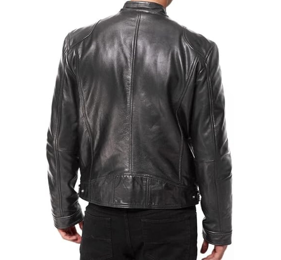 XAYWEAR black biker leather jacket for men shown from the back with stitched detailing