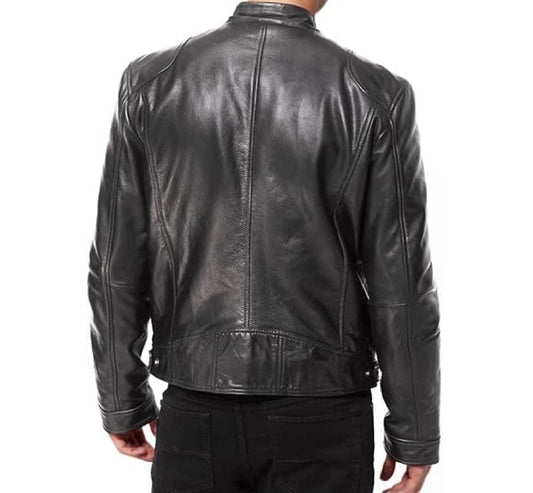 XAYWEAR black biker leather jacket for men shown from the back with stitched detailing