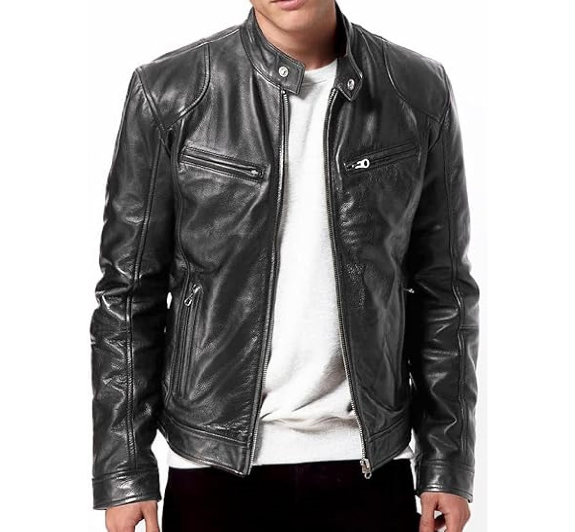 XAYWEAR black biker leather jacket for men with zippered pockets and stand collar