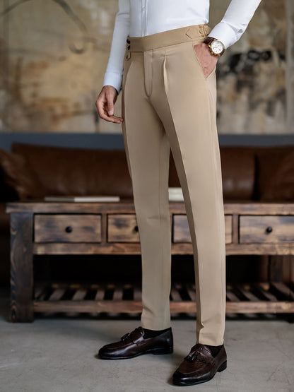 XAYWEAR beige suit pants for men paired with white shirt and brown dress shoes in stylish setting