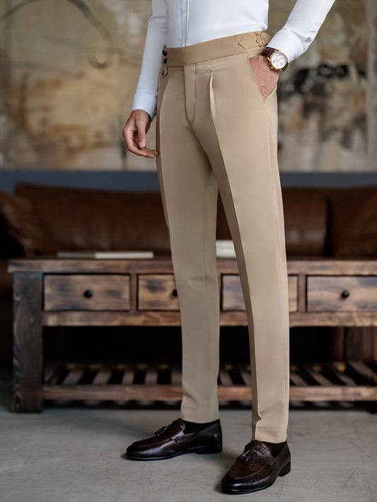 XAYWEAR beige suit pants for men paired with white shirt and brown dress shoes in stylish setting