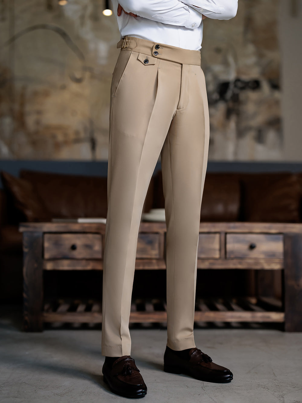 Beige XAYWEAR suit for men trousers with button details styled with black dress shoes
