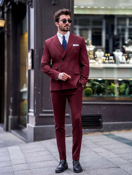 XAYWEAR burgundy double-breasted suit for men paired with white shirt and navy tie