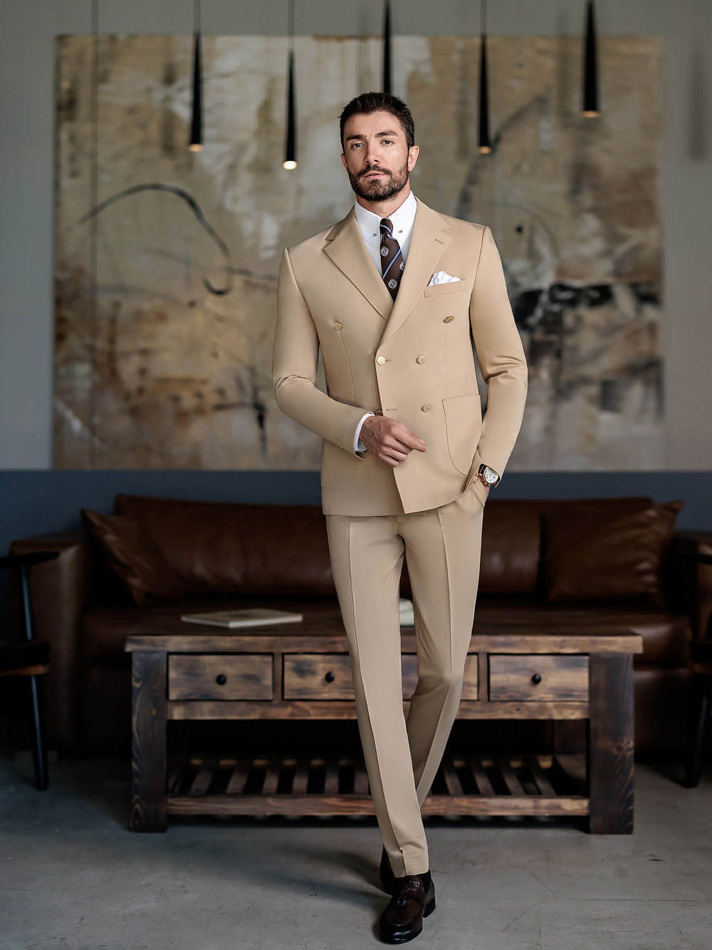 XAYWEAR beige double-breasted suit for men with matching pants and brown tie