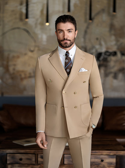 XAYWEAR beige double-breasted suit for men with a white shirt and patterned tie
