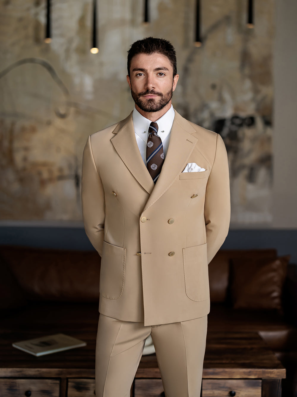 XAYWEAR beige double-breasted suit for men with white dress shirt and patterned tie