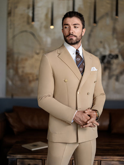 XAYWEAR beige double-breasted suit for men styled with white shirt and patterned tie