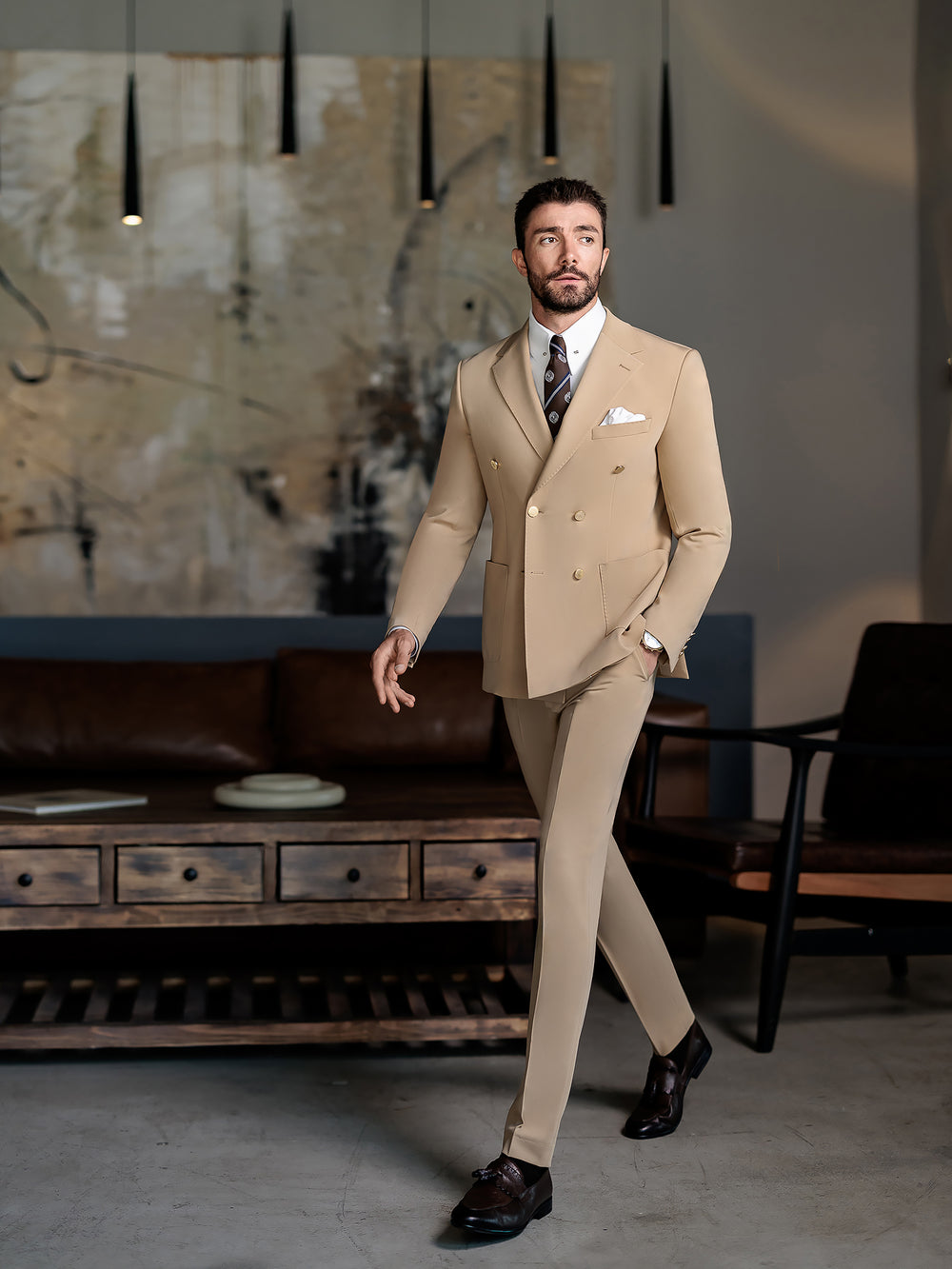 XAYWEAR beige suit for men with double-breasted jacket and matching trousers styled with brown shoes