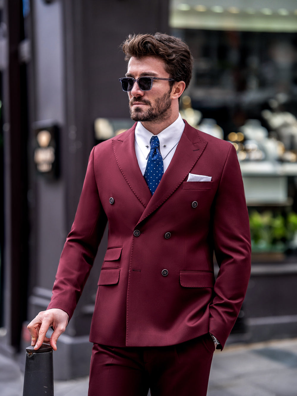 XAYWEAR burgundy men suit double-breasted jacket with blue tie and white pocket square