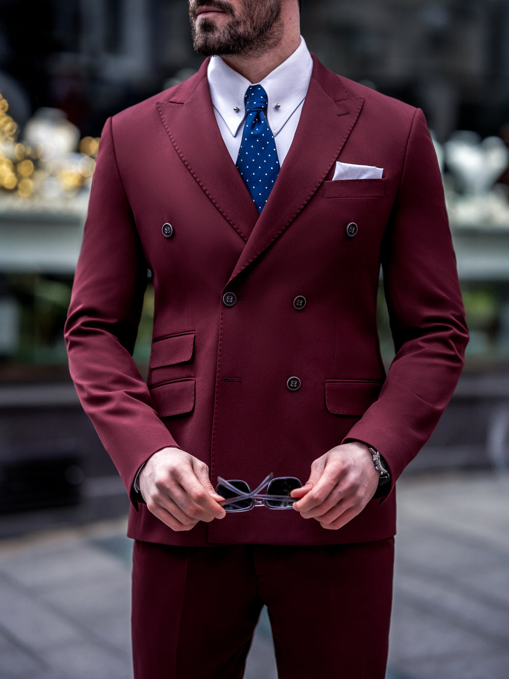 XAYWEAR burgundy double-breasted men suit with white shirt and blue tie, stylish and elegant