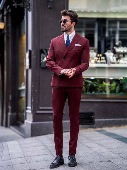 XAYWEAR burgundy men suit with double-breasted blazer and slim fit pants worn with black shoes