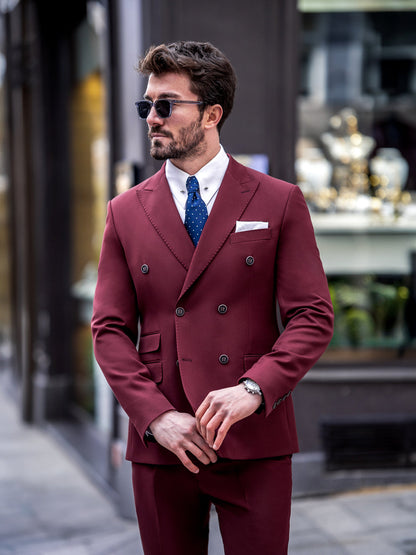 XAYWEAR men suit in burgundy double-breasted design with white shirt and blue tie