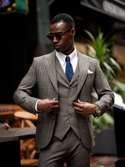 XAYWEAR stylish men suit with plaid pattern worn with white shirt and blue tie outdoors
