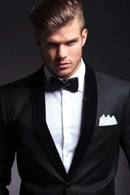 XAYWEAR men tuxedo black coat with satin lapel and bow tie on white dress shirt