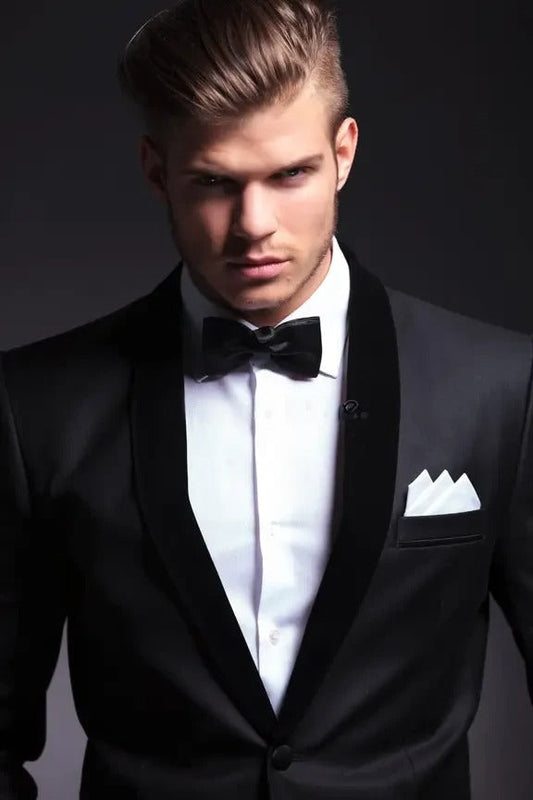XAYWEAR black men tuxedo coat with satin lapels and white pocket square on model