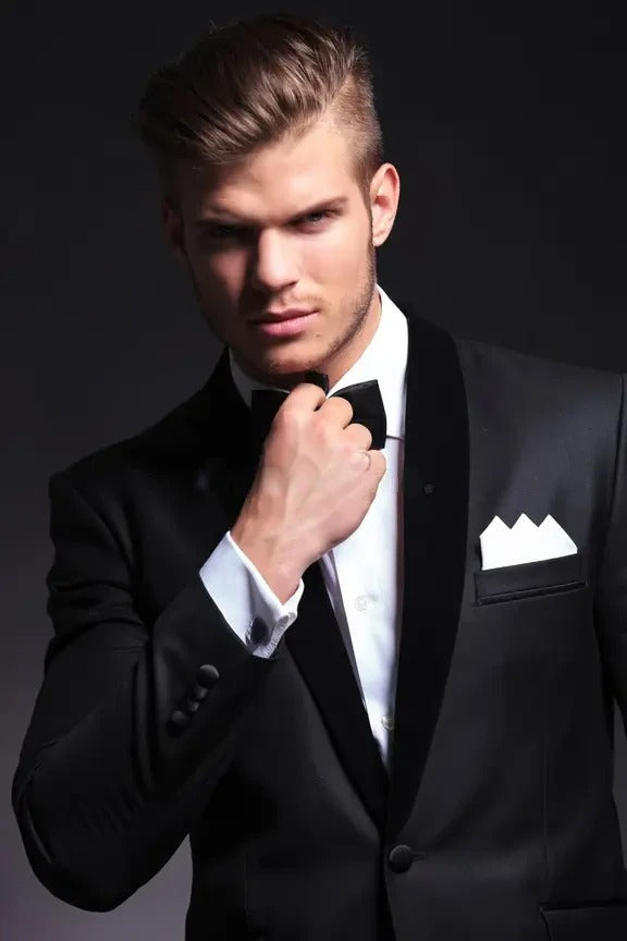 XAYWEAR men tuxedo black coat with velvet lapels and white pocket square