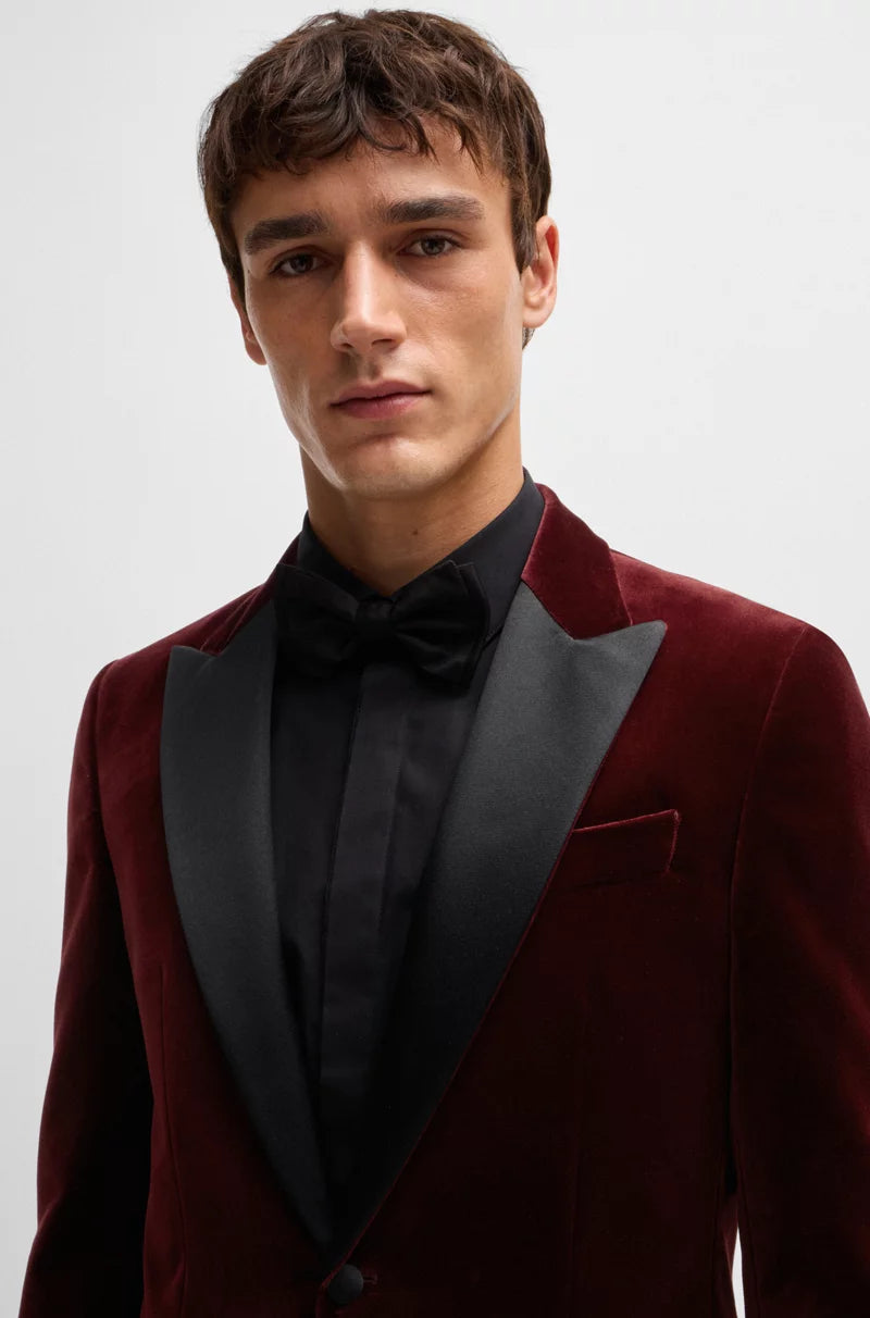 XAYWEAR men tuxedo blazer in burgundy velvet with black satin lapels and bow tie
