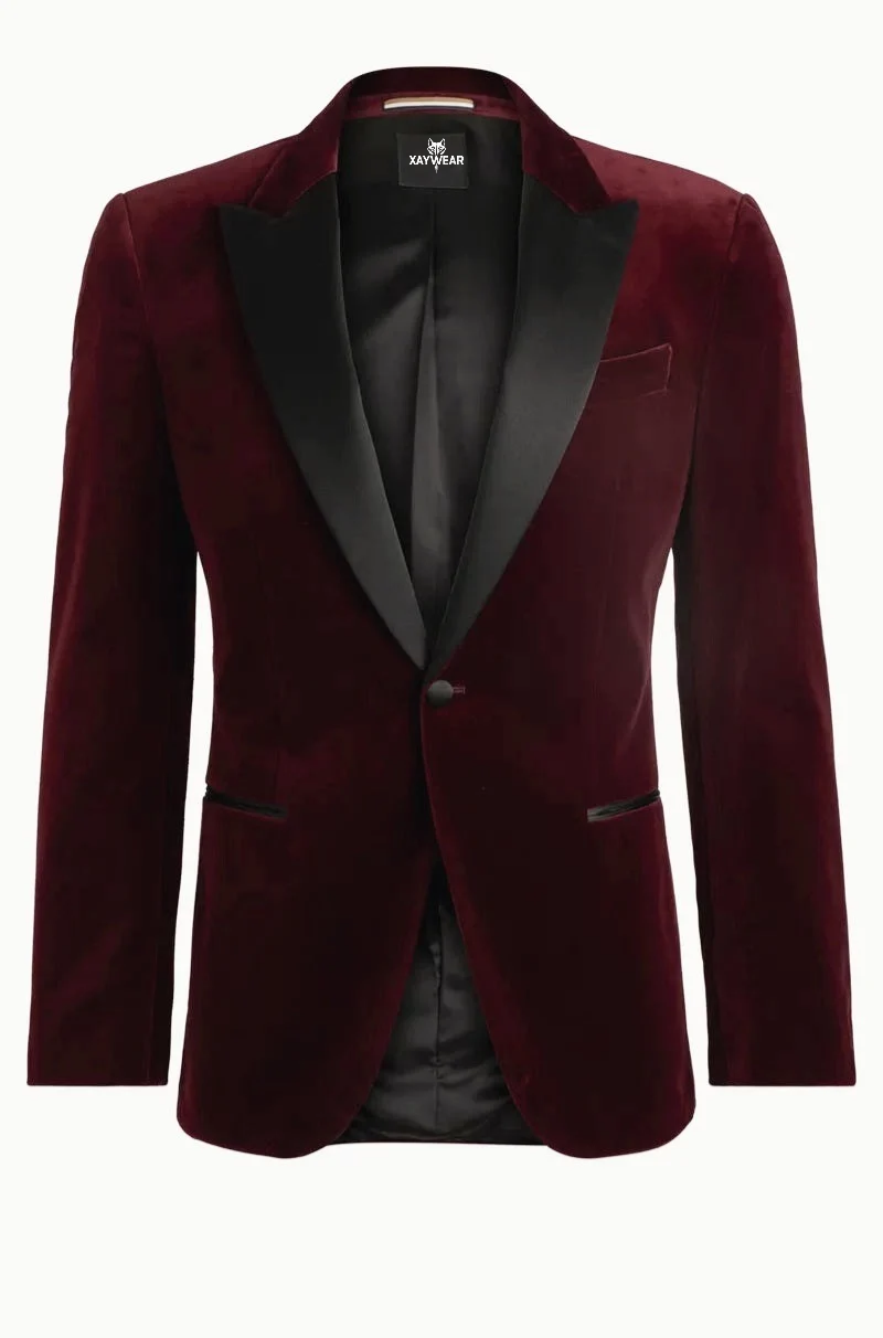 XAYWEAR men's tuxedo blazer in dark red velvet with black satin lapels and single button closure