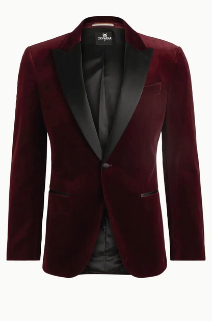 XAYWEAR men's tuxedo blazer in dark red velvet with black satin lapels and single button closure