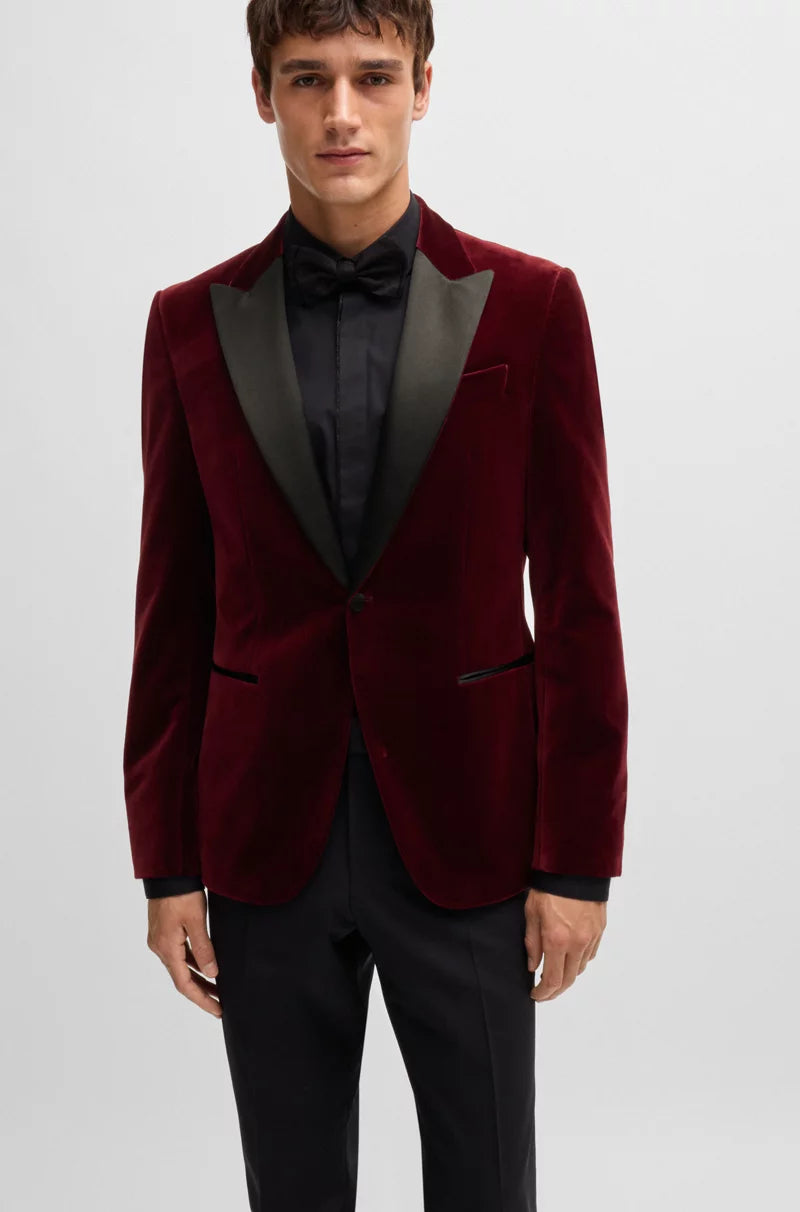 XAYWEAR burgundy velvet blazer with black satin lapels for men tuxedo formal wear