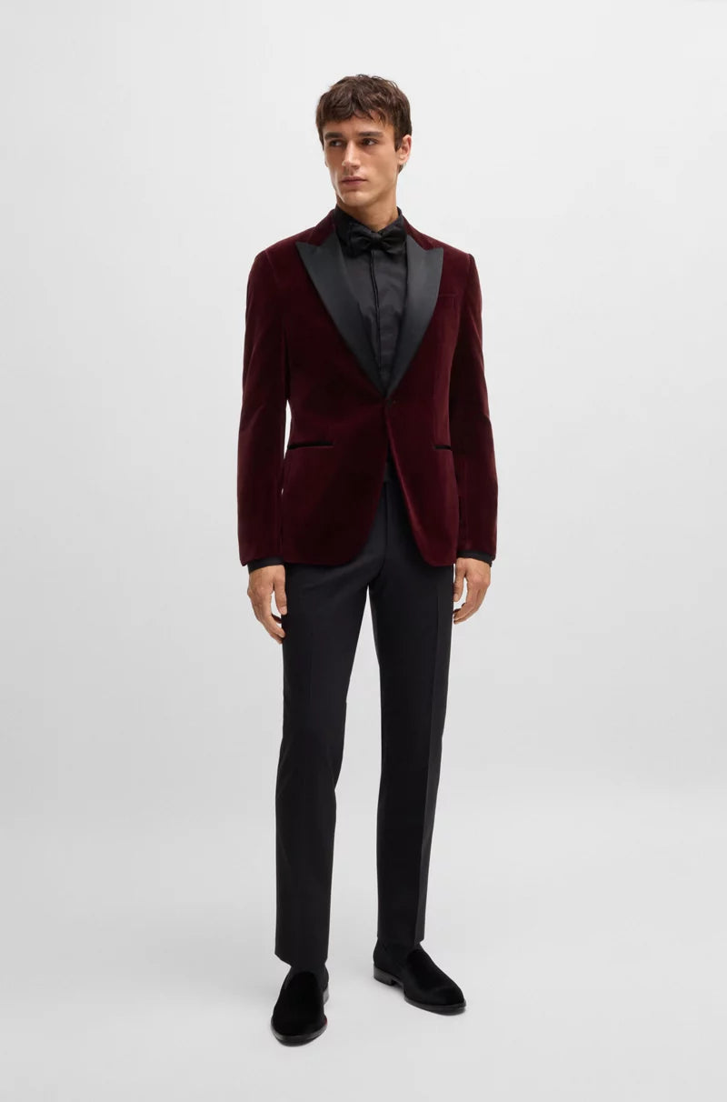 XAYWEAR men tuxedo blazer in burgundy velvet with black satin lapels and matching pants