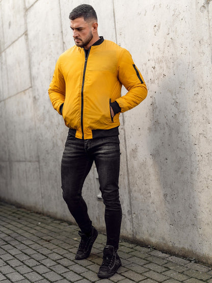 Men yellow jacket bomber style by XAYWEAR worn with black jeans and sneakers for casual look